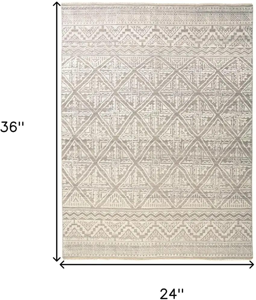 Ivory Tan And Gray Geometric Hand Knotted Area Rug Photo 7