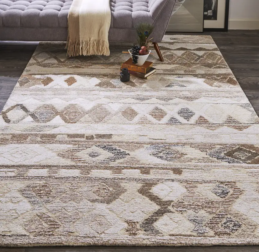 Ivory Tan And Gray Wool Abstract Tufted Handmade Area Rug Photo 7