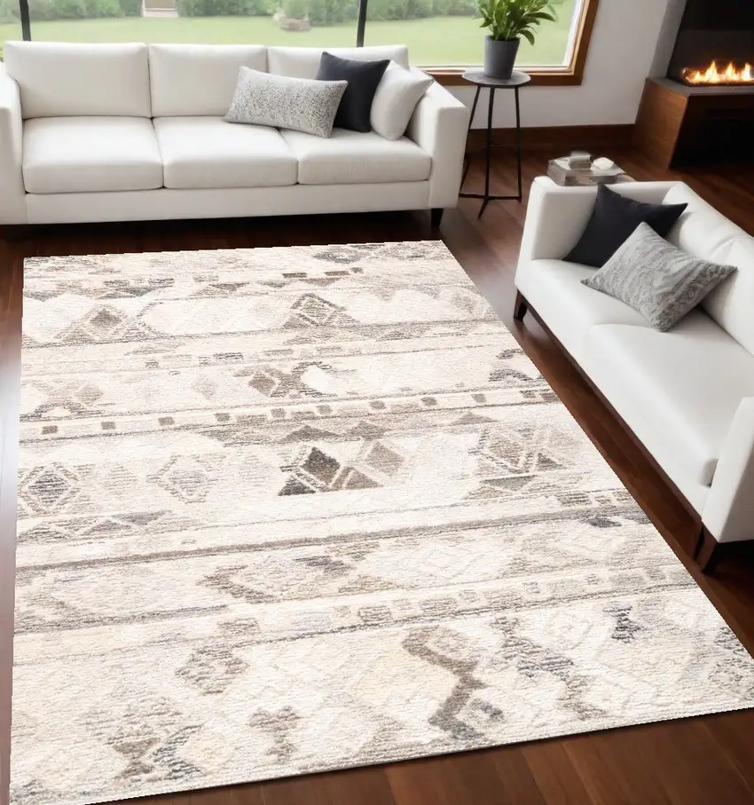 Beige Ivory and Gray Wool Geometric Hand Tufted Area Rug Photo 1