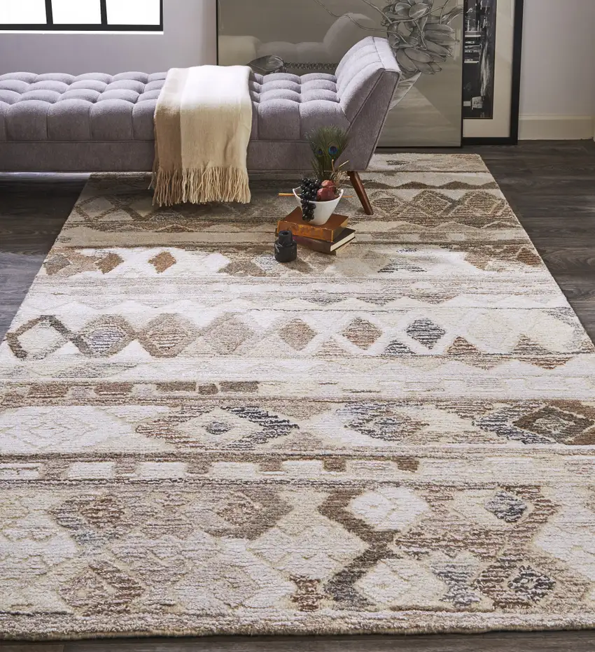 Ivory Tan And Gray Wool Abstract Tufted Handmade Area Rug Photo 6