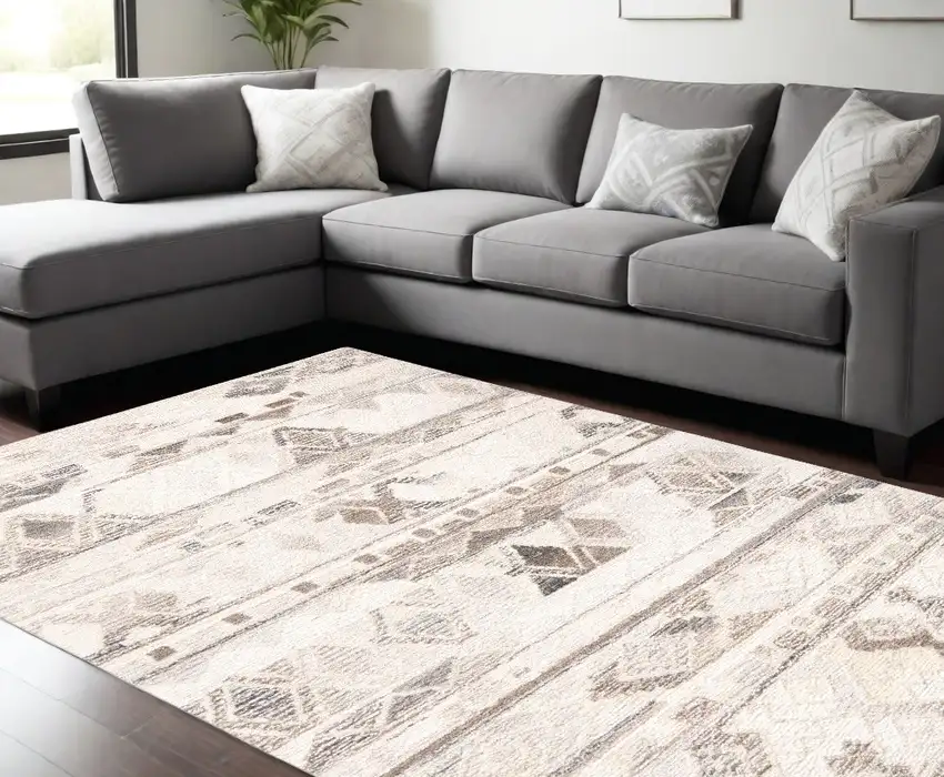 Beige Ivory and Gray Wool Geometric Hand Tufted Area Rug Photo 1