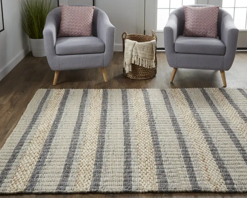Gray And Ivory Wool Striped Hand Woven Area Rug Photo 7