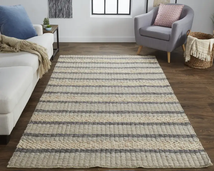 Gray And Ivory Wool Striped Hand Woven Area Rug Photo 5