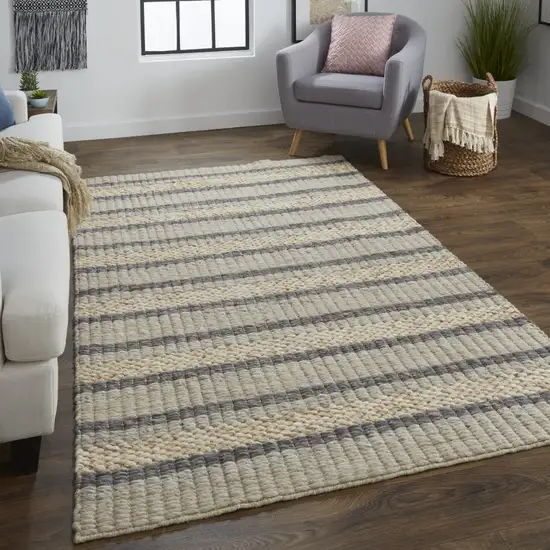 Gray And Ivory Wool Striped Hand Woven Area Rug Photo 6
