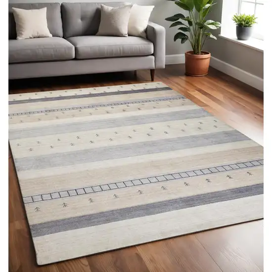 Gray and Ivory Wool Striped Hand Knotted Area Rug Photo 1