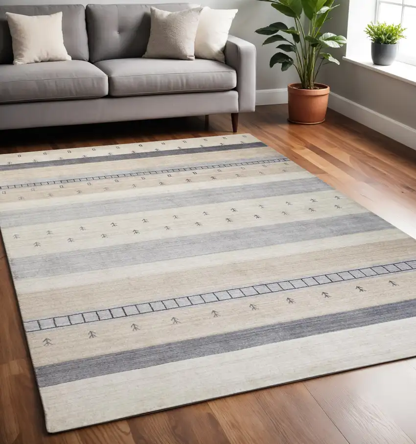 Gray and Ivory Wool Striped Hand Knotted Area Rug Photo 1