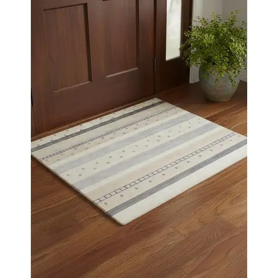 Ivory Tan And Gray Wool Striped Hand Knotted Stain Resistant Area Rug Photo 1