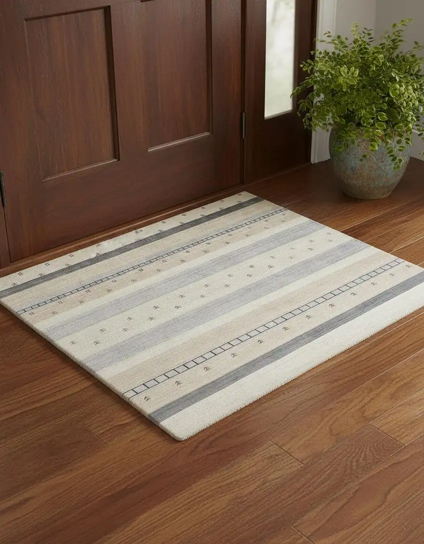 Ivory Tan And Gray Wool Striped Hand Knotted Stain Resistant Area Rug Photo 1