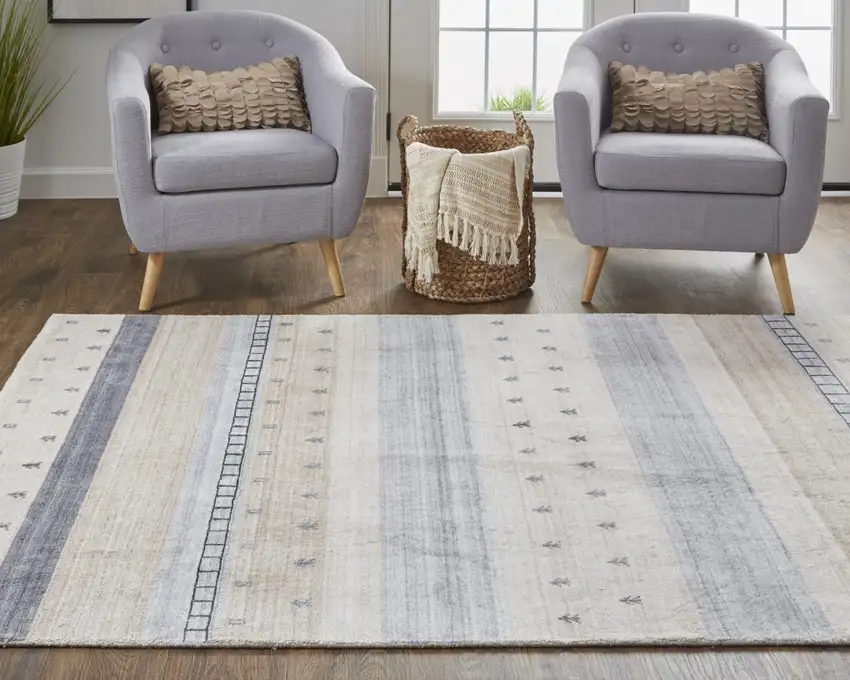Ivory Tan And Gray Wool Striped Hand Knotted Stain Resistant Area Rug Photo 7