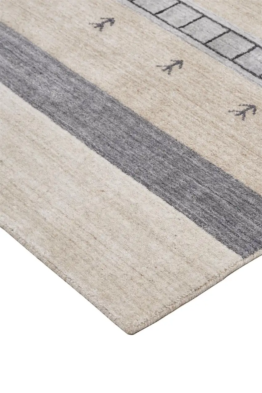 Ivory Tan And Gray Wool Striped Hand Knotted Stain Resistant Area Rug Photo 6