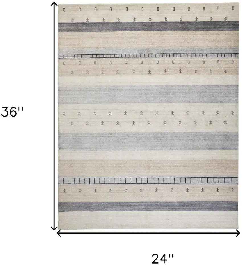 Ivory Tan And Gray Wool Striped Hand Knotted Stain Resistant Area Rug Photo 9