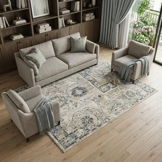 Ivory Tan And Light Blue Floral Distressed Area Rug With Fringe Photo 1