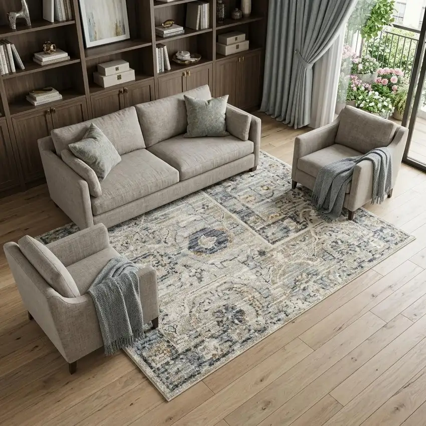 Ivory Tan And Light Blue Floral Distressed Area Rug With Fringe Photo 1