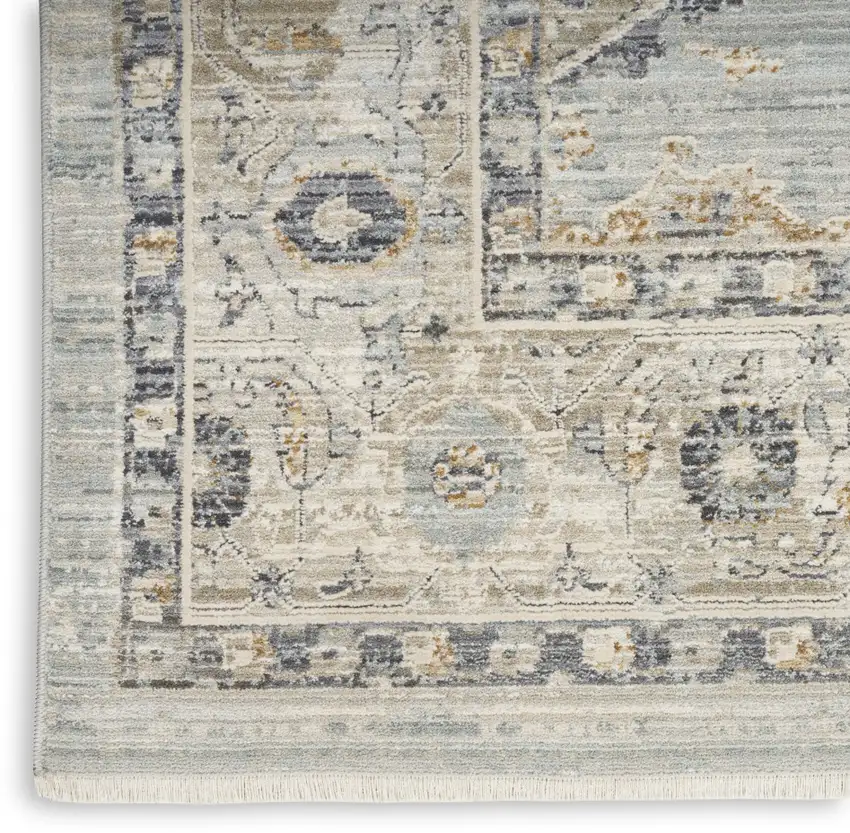 Ivory Tan And Light Blue Floral Distressed Area Rug With Fringe Photo 8