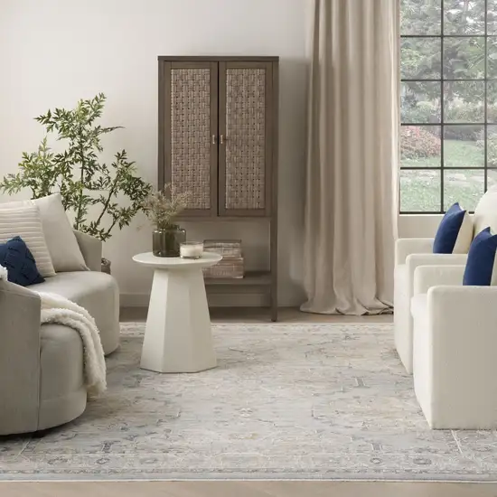 Ivory Tan And Light Blue Floral Distressed Area Rug With Fringe Photo 4