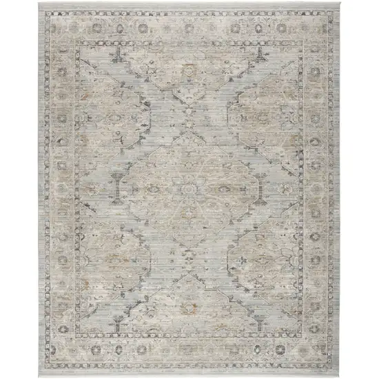 Ivory Tan And Light Blue Floral Distressed Area Rug With Fringe Photo 9