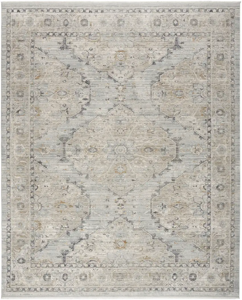 Ivory Tan And Light Blue Floral Distressed Area Rug With Fringe Photo 9