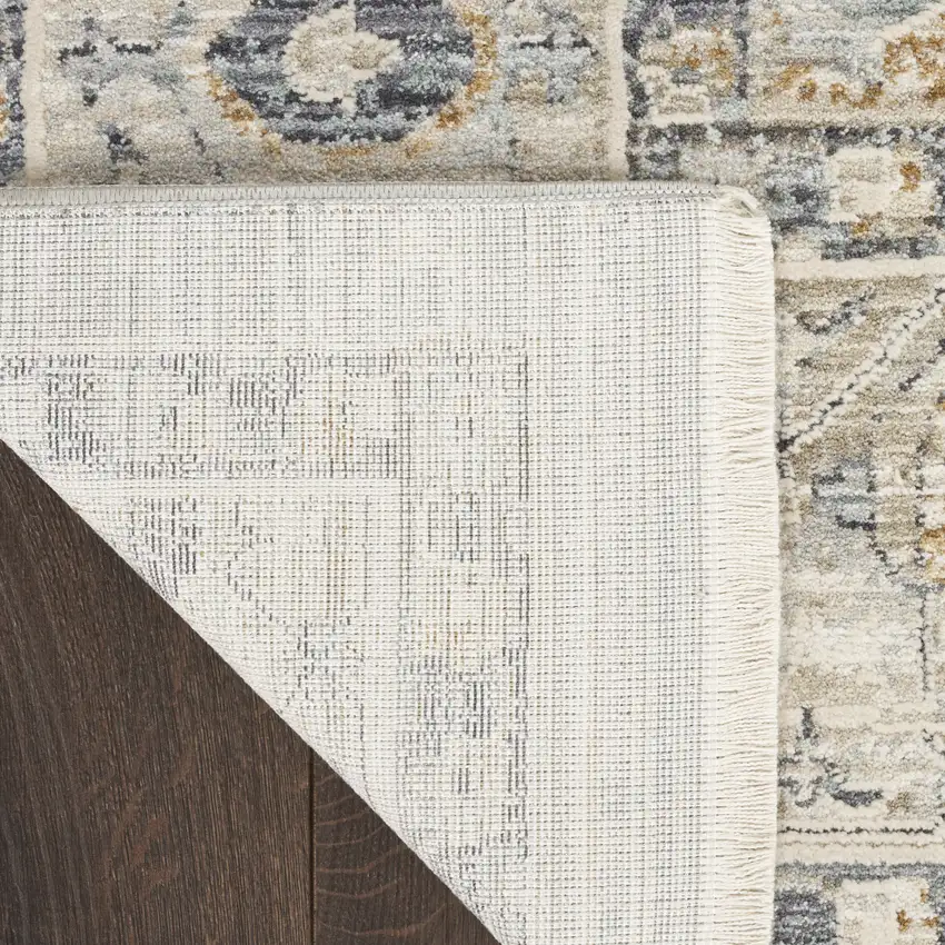 Ivory Tan And Light Blue Oriental Distressed Area Rug With Fringe Photo 9