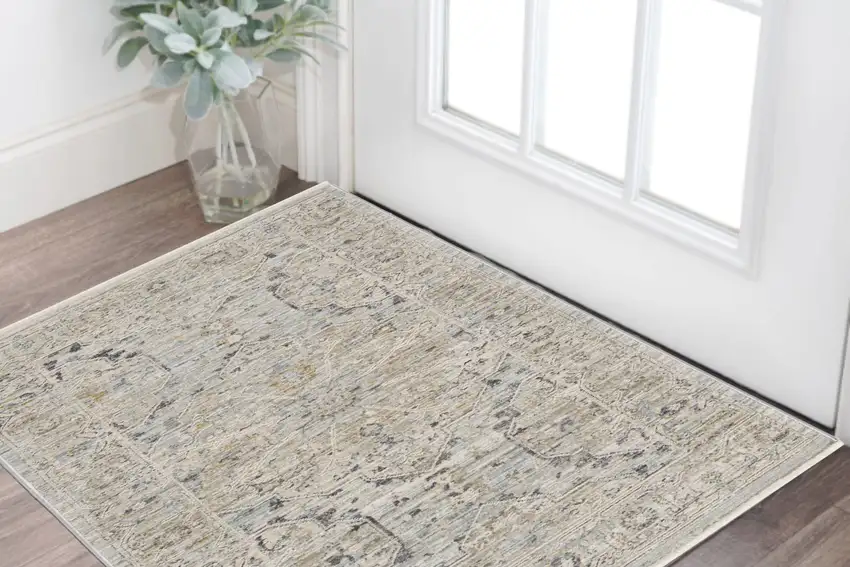Ivory Tan And Light Blue Oriental Distressed Area Rug With Fringe Photo 1