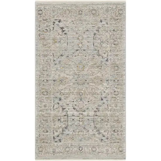 Ivory Tan And Light Blue Oriental Distressed Area Rug With Fringe Photo 9