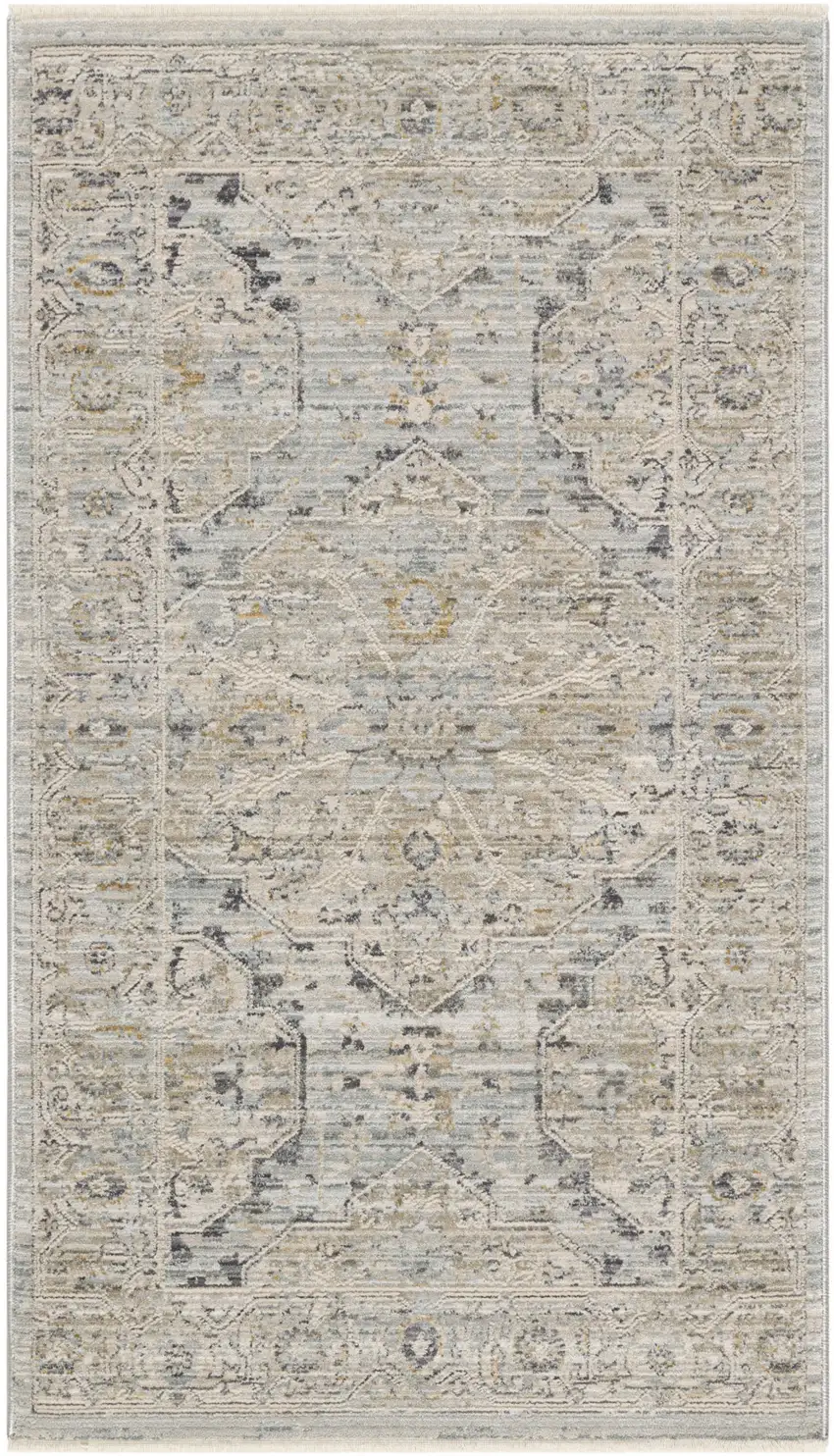 Ivory Tan And Light Blue Oriental Distressed Area Rug With Fringe Photo 9
