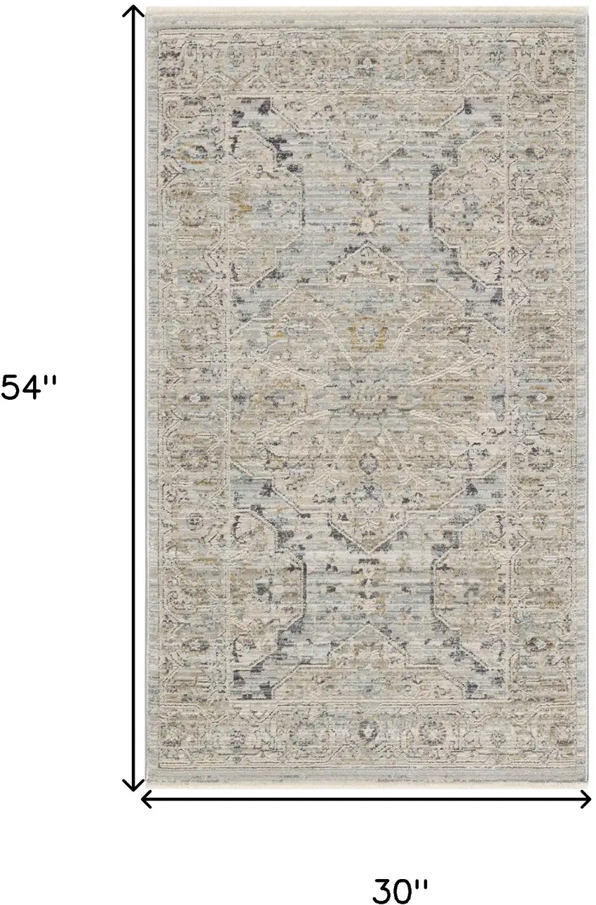 Ivory Tan And Light Blue Oriental Distressed Area Rug With Fringe Photo 3