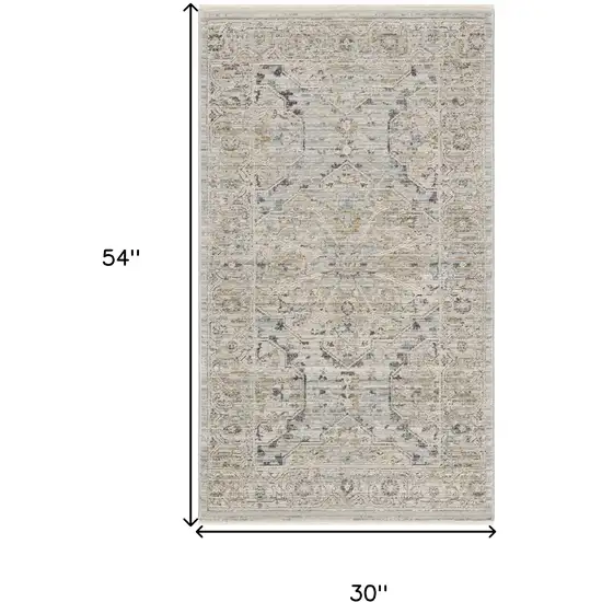 Ivory Tan And Light Blue Oriental Distressed Area Rug With Fringe Photo 3