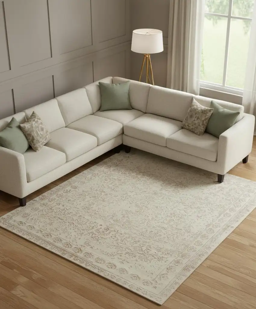 Ivory Tan And Pink Wool Floral Tufted Handmade Distressed Area Rug Photo 1