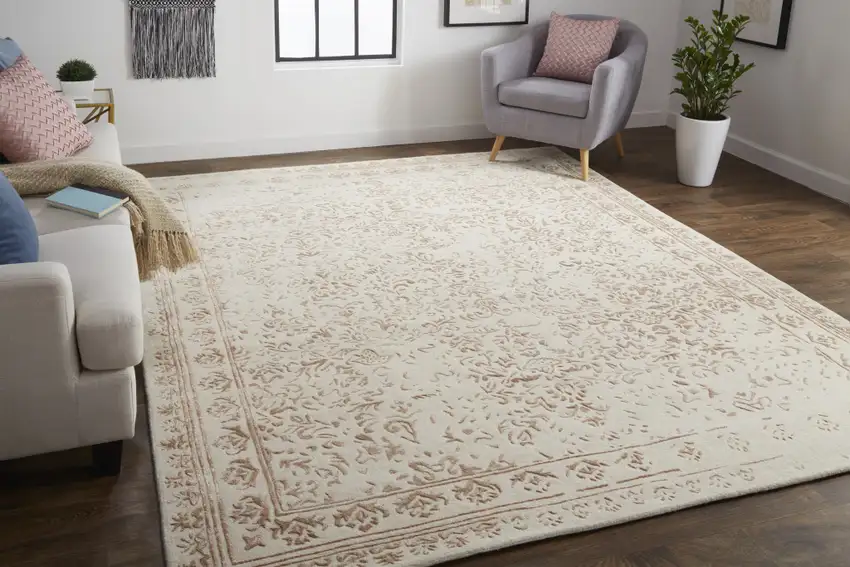 Ivory Tan And Pink Wool Floral Tufted Handmade Distressed Area Rug Photo 7