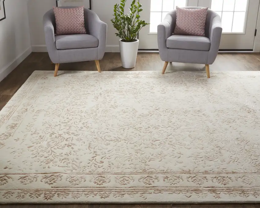 Ivory Tan And Pink Wool Floral Tufted Handmade Distressed Area Rug Photo 8