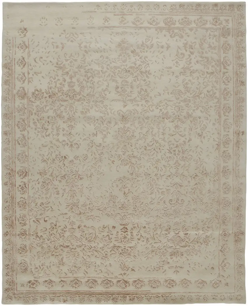 Ivory Tan And Pink Wool Floral Tufted Handmade Distressed Area Rug Photo 1