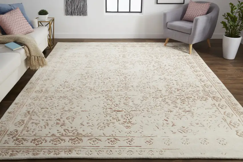 Ivory Tan And Pink Wool Floral Tufted Handmade Distressed Area Rug Photo 6