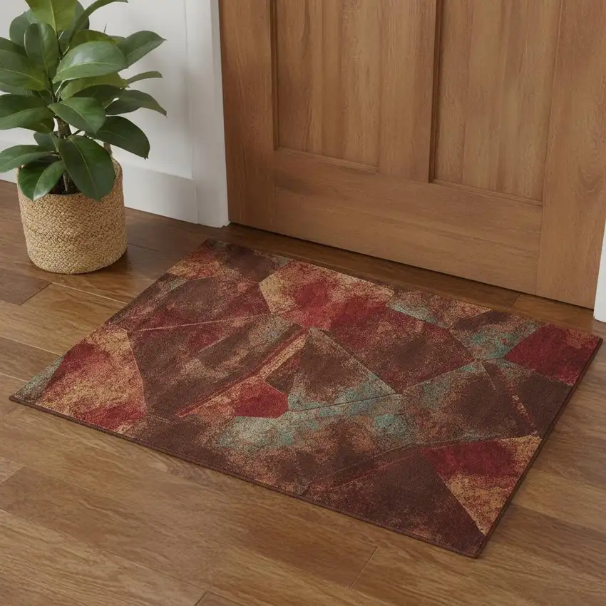 Ivory Tan And Red Abstract Non Skid Area Rug Photo 1