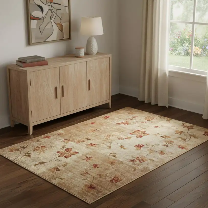 Ivory Tan And Red Floral Non Skid Area Rug Photo 1