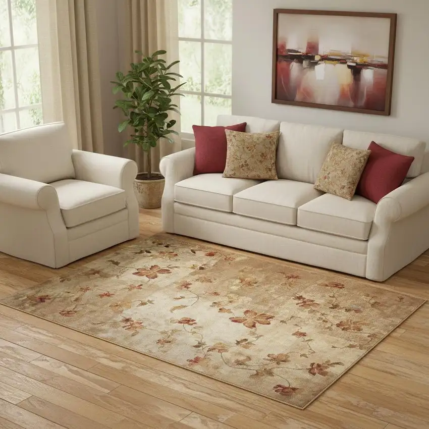 Ivory Tan And Red Floral Non Skid Area Rug Photo 1
