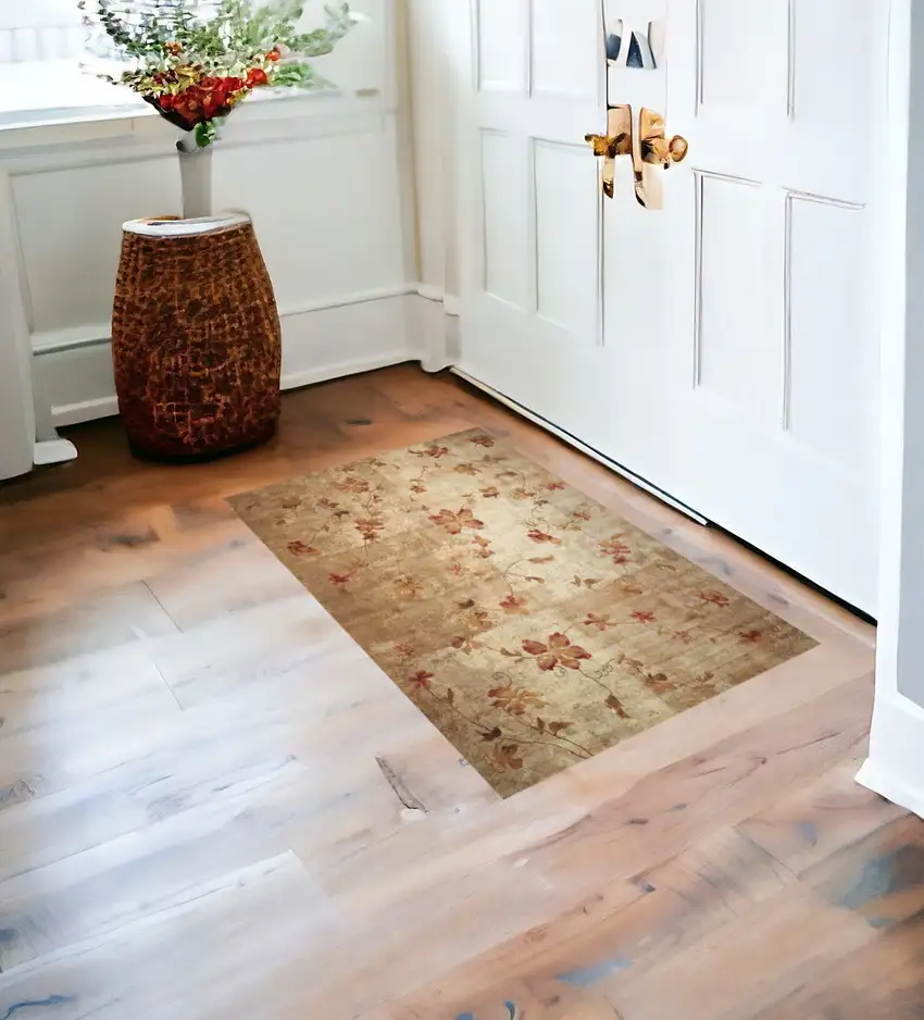 Ivory Tan And Red Floral Non Skid Area Rug Photo 1