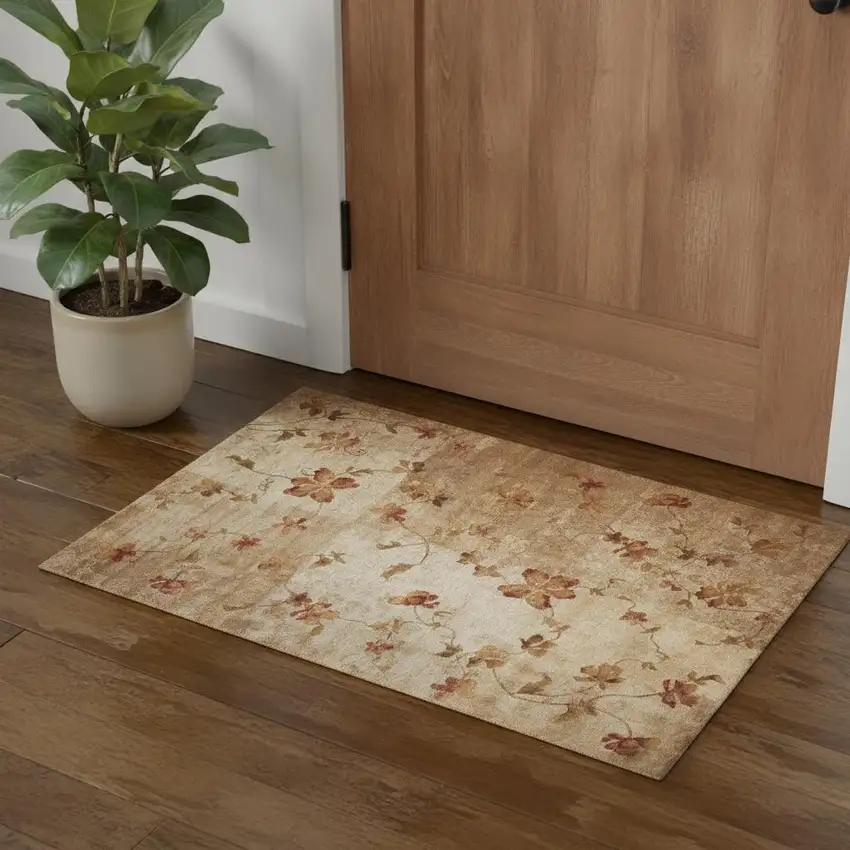 Ivory Tan And Red Floral Non Skid Area Rug Photo 1