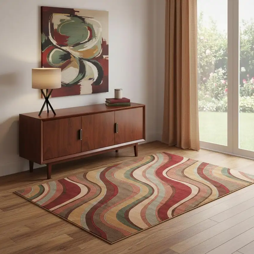Ivory Tan And Red Striped Non Skid Area Rug Photo 1