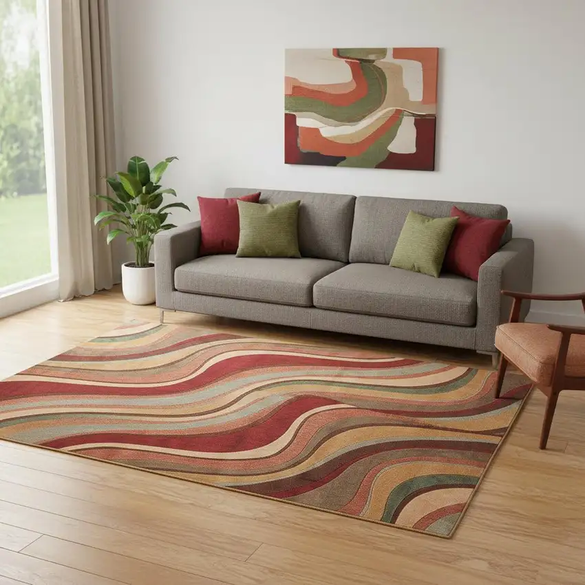 Ivory Tan And Red Striped Non Skid Area Rug Photo 1