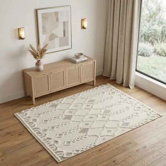 Ivory Tan And Silver Wool Geometric Tufted Handmade Stain Resistant Area Rug Photo 1