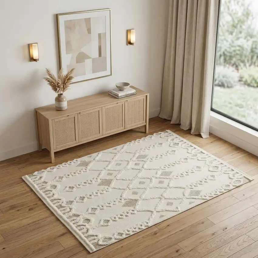 Ivory Tan And Silver Wool Geometric Tufted Handmade Stain Resistant Area Rug Photo 1
