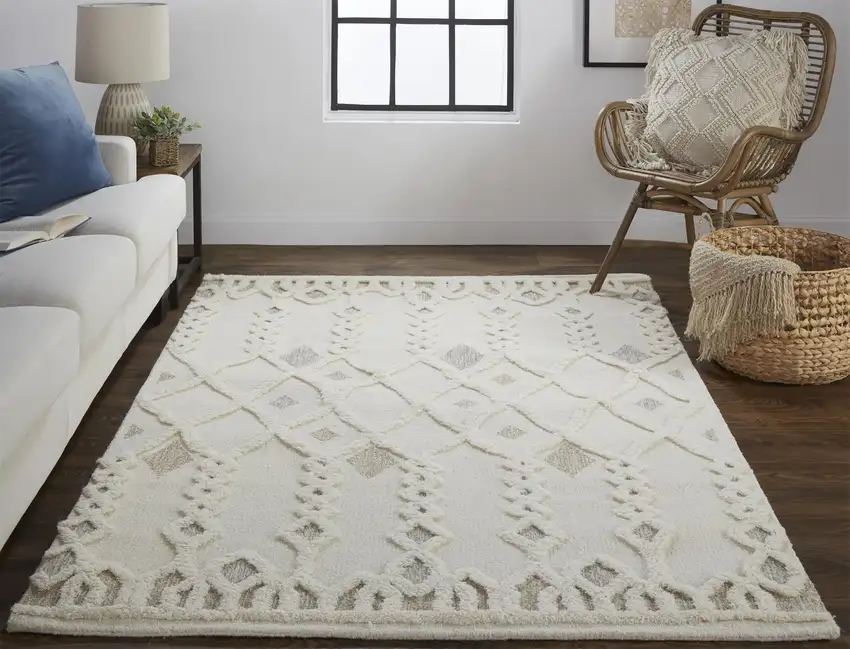 Ivory Tan And Silver Wool Geometric Tufted Handmade Stain Resistant Area Rug Photo 6