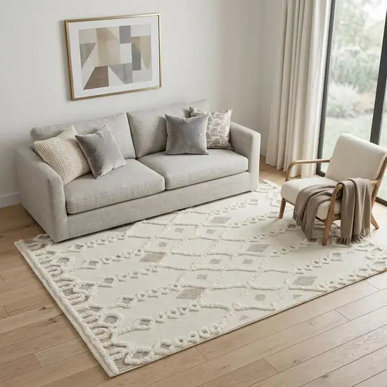 Ivory Tan And Silver Wool Geometric Tufted Handmade Stain Resistant Area Rug Photo 1