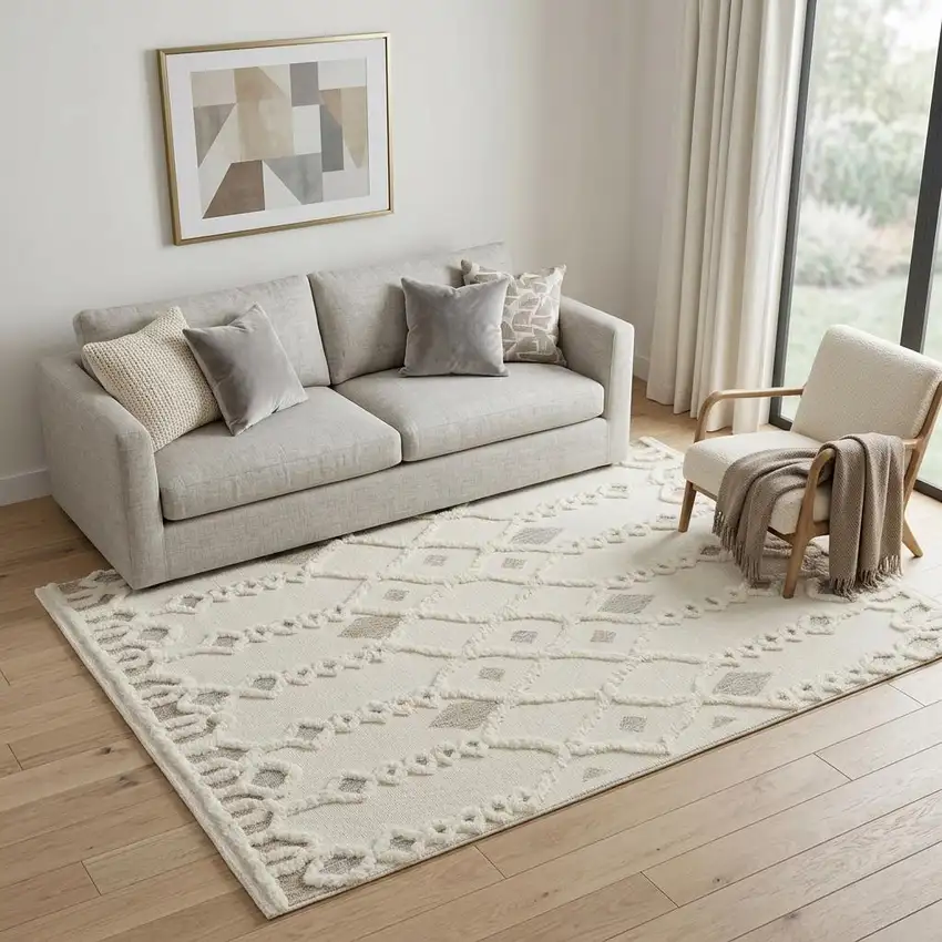 Ivory Tan And Silver Wool Geometric Tufted Handmade Stain Resistant Area Rug Photo 1