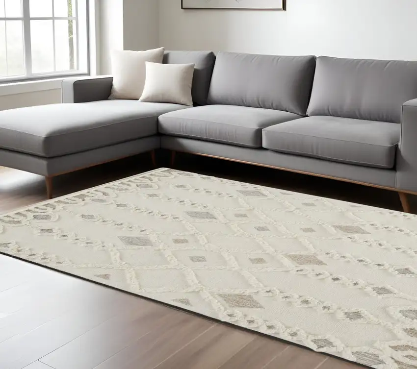 Gray and Ivory Wool Geometric Hand Tufted Area Rug Photo 1