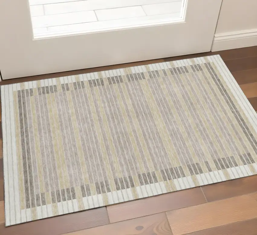 Ivory Tan And Taupe Striped Washable Area Rug With UV Protection Photo 1