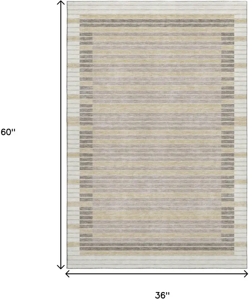 Ivory Tan And Taupe Striped Washable Area Rug With UV Protection Photo 3