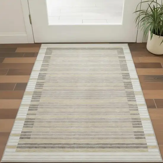 Ivory Tan And Taupe Striped Washable Area Rug With UV Protection Photo 2