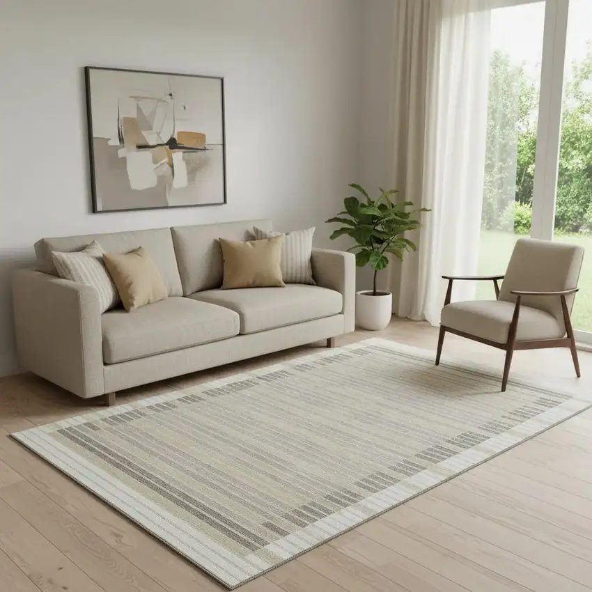 Ivory Tan And Taupe Striped Washable Area Rug With UV Protection Photo 2