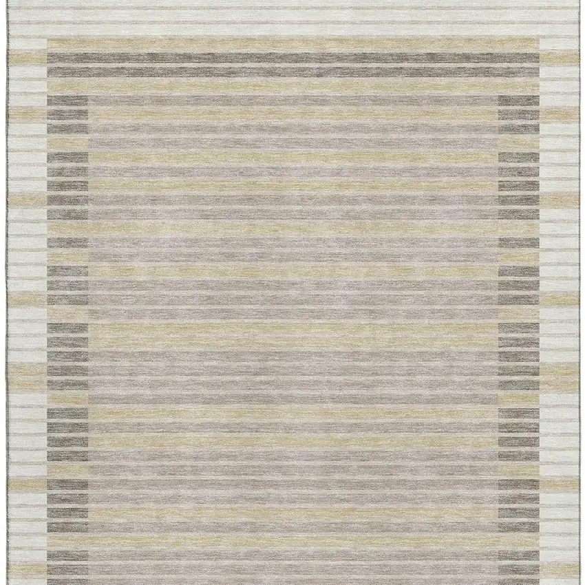 Ivory Tan And Taupe Striped Washable Area Rug With UV Protection Photo 3
